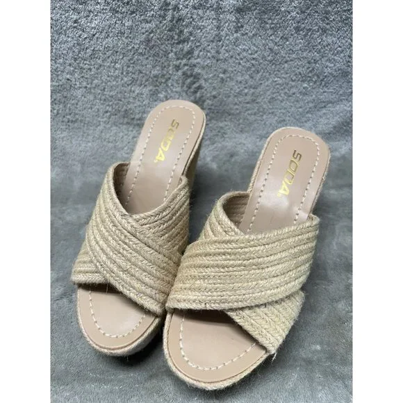 Vtg Soda 5.5 Natural Jute Raffia Open Toe Slide Sandal Platform Wedge Slip-On - Picture 3 of 7
